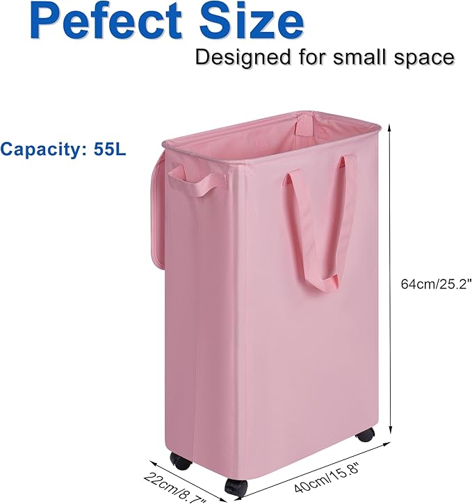 Slim Laundry Hamper with Lid and Wheels, Small Rolling Laundry Basket with Handle for Small Spaces, Tall Dirty Clothes Hampers for Dorm, Bathroom and Bedroom, 55L, Pink
