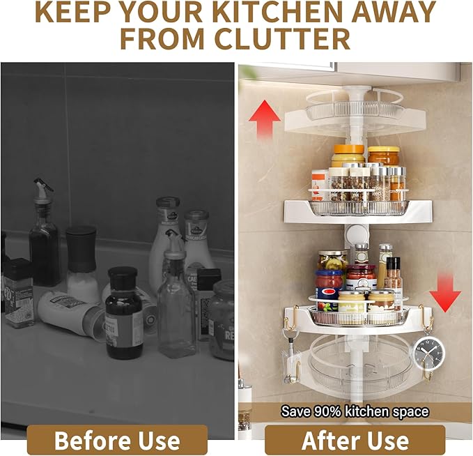 2-Tier Corner Spice Rack Organizer – 360° Rotatable, 19.68-43.5" Height Adjustable, 11LBS Load-Bearing with Hooks – Space-Saving for Kitchen Counter/Cabinet Gaps, Tame Seasoning Clutter (White)