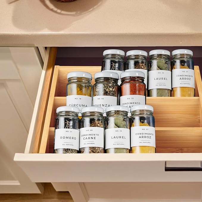 Bamboo Spice Rack Organizer for 18 Jars, 3-Tier Compact Wooden Spice Holder for Kitchen Countertop or Cabinet Drawer, Fits Standard 4oz Glass Jars, Sustainable Kitchen Storage (Rack Only)