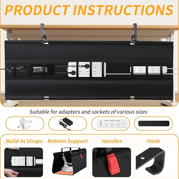 No Drill Under Desk Cable Management Tray, 48" Cord Organizer with Clamp, Fabric Cable Management for Standing Desks, Ideal for Home & Office - Black