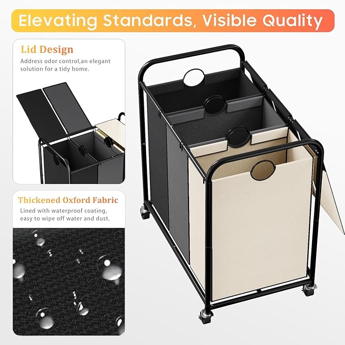 180L (47.55 Gal) Laundry Sorter 3 Section, Rolling Laundry Basket with Lockable Wheels and Lid, Laundry Hamper with 3 Separated Removable Bags Dirty Clothes Hamper for Laundry Room, Multicolored