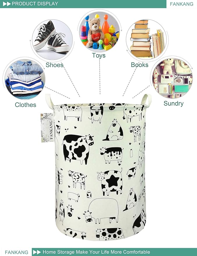 FANKANG Storage Basket, Nursery Hamper Canvas Laundry Basket Foldable with Waterproof PE Coating Large Storage Baskets for Kids Boys and Girls, Office, Bedroom, Clothes,Toys（Cows）