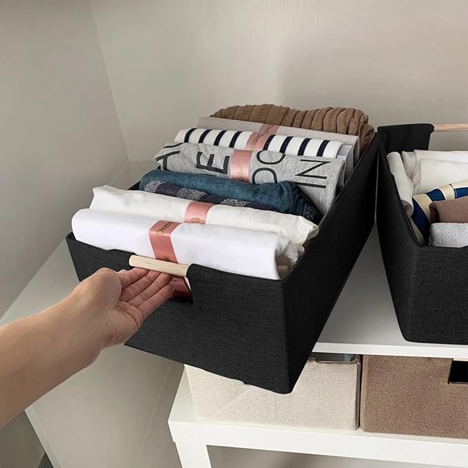 Fabric Storage Basket for Shelves, Collapsible Storage Bins with wood Handles, Rectangle Closet Baskets, Wardrobe Organiser, for Sorting Clothes, Family Items (Black) (2)