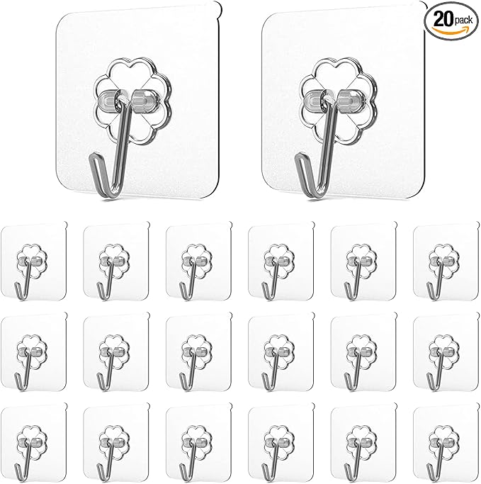 Adove Adhesive Hooks for Hanging, Heavy Duty Wall Hooks 20 Pack, Removable Sticky Ceiling Hooks, Transparent Self Adhesive Shower Hooks, Water & Oil Proof Strong 22lb(Max) Door Coat Hooks