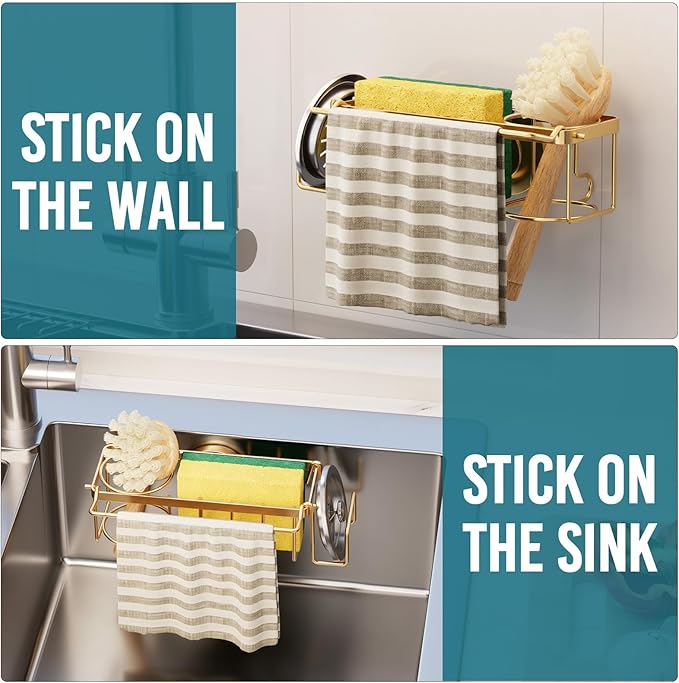 TAILI 4-in-1 Sponge Holder for Kitchen Sink with Strong Suction Cup Removable, Rustproof Stainless Steel Sink Caddy for Sponge, Brush, Scrubber, Scraper -Gold