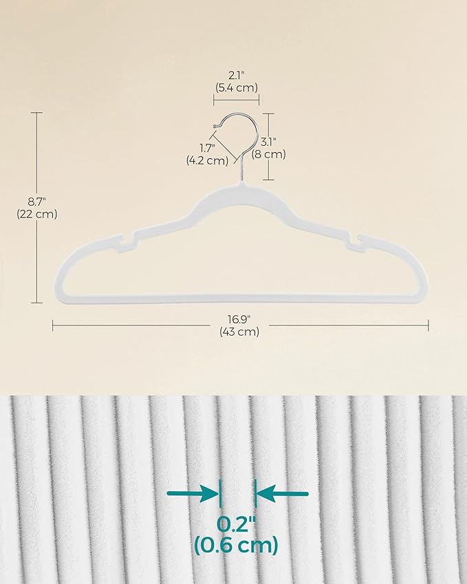 SONGMICS Velvet Hangers 50 Pack, Non-Slip Clothes Hangers with Shoulder Notches, Pants Bar, 360° Swivel Hook, Space-Saving, for Closet, Cloud White UCRF029W05