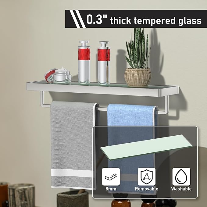SFGSOWOR Glass Floating Shelves for Wall, Brushed Nickel 20 Inch Tempered Glass Rectangular 1 Tier Organizer Shelf for Bathroom