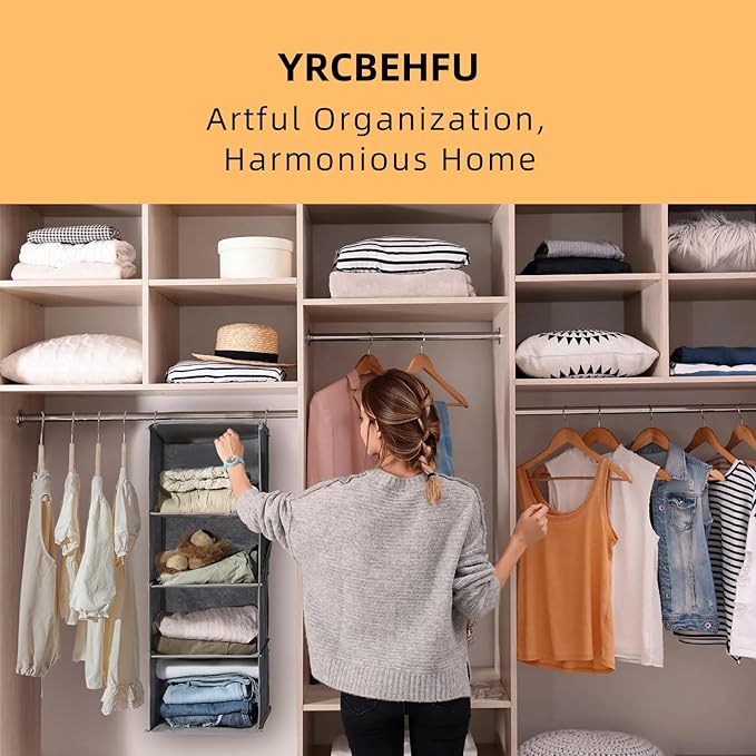 6-Shelf Hanging Closet Organizer and Storage, Collapsible Hanging Shelves for Closet with 2 Side Pockets, Hanging Shoe Organizer to Saving Space,Beige