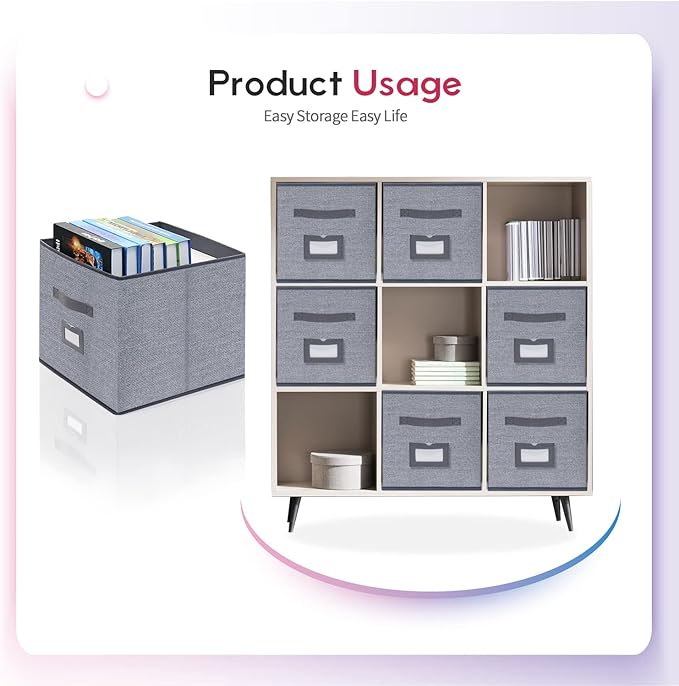 Onlyeasy Extra Large Cloth Storage Bins Foldable Cube Storage Bin 4 Pack - Fabric Cube Organizers Container Drawers with Dual Handles for Shelves, 13" W x 15" D x 13" H, Linen-Like Grey, 7MXDBXL04PLP