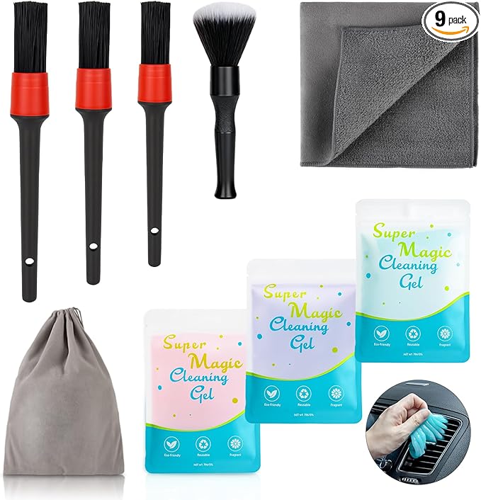 TICARVE 9Pcs Car Interior Detailing Kit - Car Cleaning Brushes, Universal Gel, Microfiber Towel and Storage Bag for Dashboard, Air Vents, Keyboard & Electronics