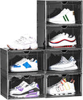 6 Pack XL Shoe Storage Box Organizer,Drop Side Large Shoe Boxes Clear Plastic Stackable Container,Magnetic Sneaker Display Case, Fit up to US 13（13.4”x 10.6”x 8.3”(6 PACK BLACK)