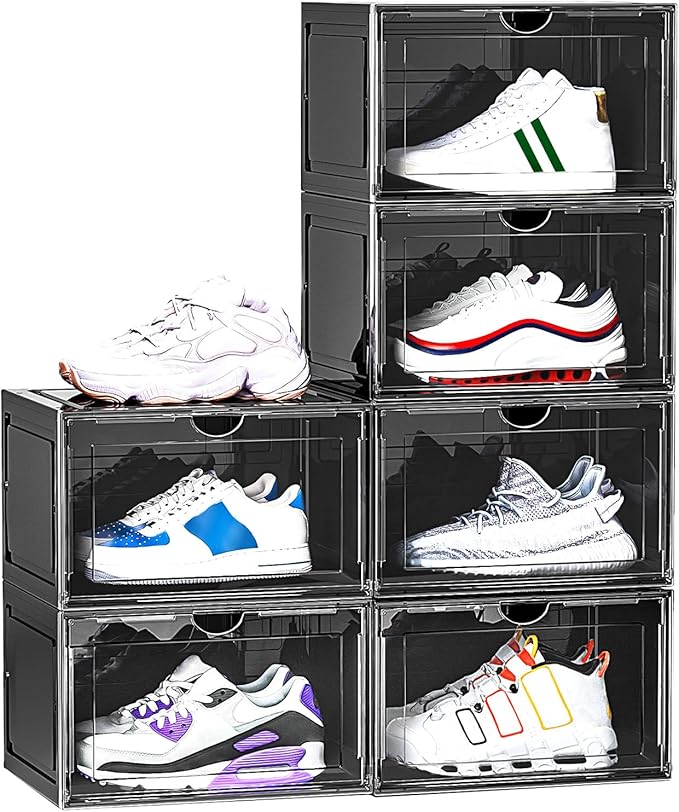 6 Pack XL Shoe Storage Box Organizer,Drop Side Large Shoe Boxes Clear Plastic Stackable Container,Magnetic Sneaker Display Case, Fit up to US 13（13.4”x 10.6”x 8.3”(6 PACK BLACK)