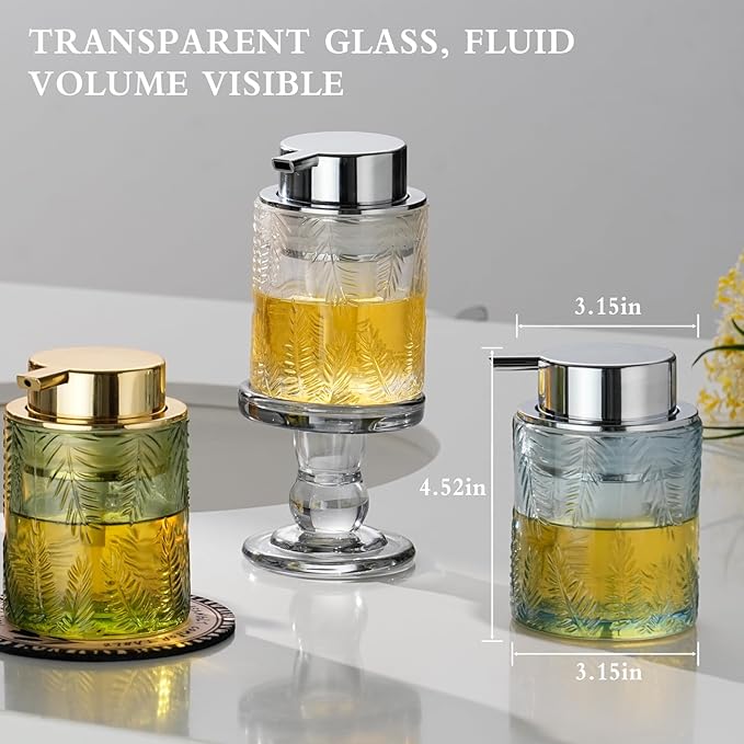Glass Foaming Dispenser - Refillable Lotion or Soap Dispenser for Kitchen & Bathroom, Large Gold Pump (Leaf Pattern - Green)