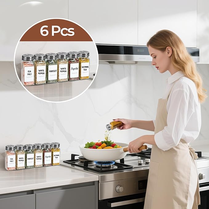 ComSaf Spice Jars with Shaker lids Adjustable, 4oz 6PCS, 9 DIY Labels, Spice Jars Trial Set & Supplement Set, Empty Ingredient Containers and Square Ingredient Bottles for Kitchen and Seasoning
