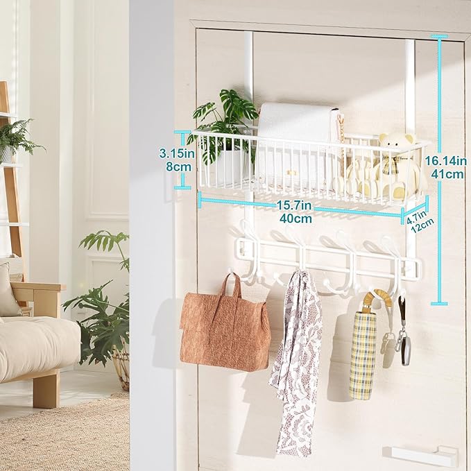 Kaiferty Over The Door Hooks Organizer,Door Hanger Door Storage with Basket,Over The Door Towel Rack Coat Hooks with 12 Hooks,for Bathroom,Bedroom,Kitchen,Office,Apartment(White)