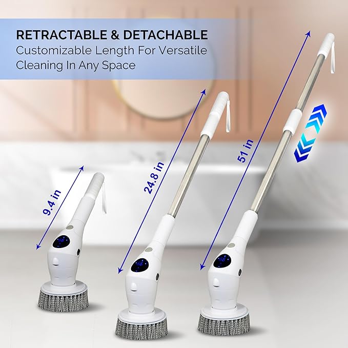 KARAMII Electric Spin Scrubber, Cordless Power Brush with 8 Multi-Functional Heads, 3 Adjustable Speeds, IPX7 Waterproof, LED Display, Long Handle (13.8"-51"), Perfect for Bathroom, Tile, Kitchen, Car