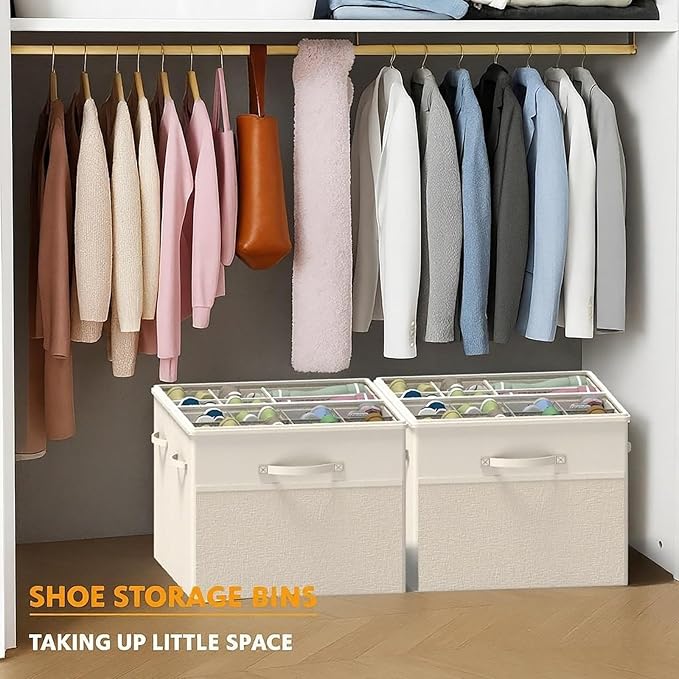 2 Pack Shoe Organizer for Closet, Clear Foldable Shoe Storage Containers Fits 14 Pairs,Shoe Storage Bins Baskets Boxes with Reinforced Handles Beige Shoes Organize