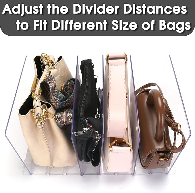 Purse Organizer for Closet, Clear Acrylic Clutch Bag Organizer, Adjustable Shelf Divider for Closet Organizers and Storage, Detachable Handbag Separators Dividers Rack for Bedroom Bathroom Office