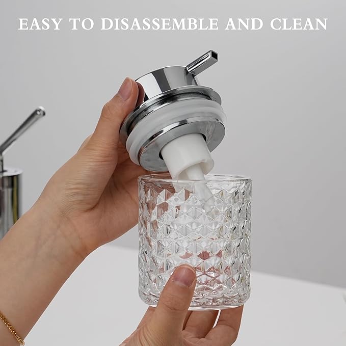 Hand Soap Dispenser Glass, Refillable Liquid Dispenser for Bathroom & Kitchen,Lotion Dispenser with Large Silver Pump（Diamond Pattern-Clear）
