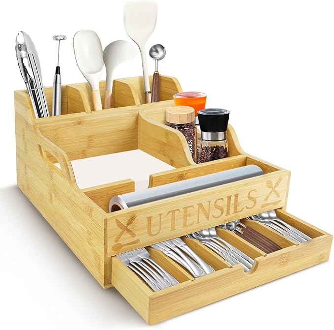 Kitchen Utensil Holder, Lagre Wooden Cooking Utensil Holder, Farmhouse Spatula Organizer, Countertop Utensil Crock for Forks Spoons Knives Kitchen Cooking Tools Storage with 11 Compartments(Log Color)