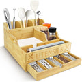 Kitchen Utensil Holder, Lagre Wooden Cooking Utensil Holder, Farmhouse Spatula Organizer, Countertop Utensil Crock for Forks Spoons Knives Kitchen Cooking Tools Storage with 11 Compartments(Log Color)
