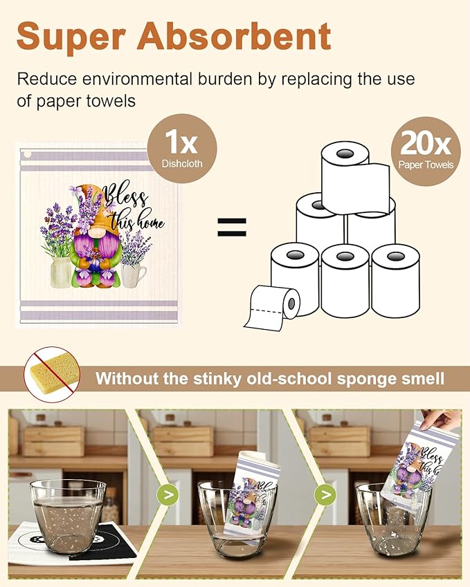 Kitchen Swedish Dishcloths with Hooks - 6 Pack Reusable Dish Cloths for Washing Dishes Fast Drying Cute Fun Swedish Dish Towels Washable Cleaning Sponge, Bicycle Lavender