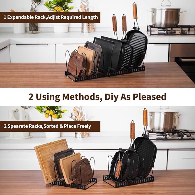 Pots and Pans Organizer,Rack for under Cabinet,Expandable Pot Lid Kitchen Cabinet Organizer Holder, with 10 Adjustable Partitions, Suitable for Kitchen Pan Organizers Inside Cabinet