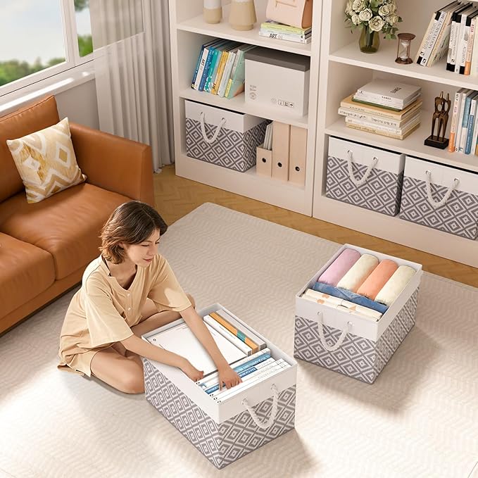 Storage Bins, 3-Pack Large Storage Box with Rope Handles, Collapsible Storage Basket for Organizing Books, Clothes, Rhombic Grey
