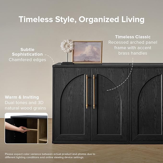 mopio Blake Storage Cabinet, Small Modular Accent Display Sideboard Buffet Cabinet with Storage, Media Console Credenza, for Kitchen, Coffee Bar, Pantry, Living Room (Black Oak Arched, Set of 2)