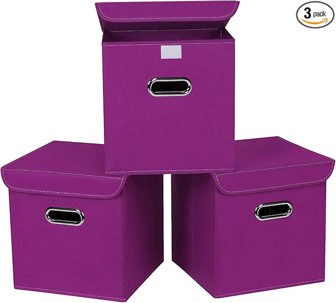 Closet Organizers Fabric Storage Bins With Lids Collapsible Cube Storages Organizer Basket With Handles,Storage Boxes for Clothes Storage,Office,Toys,3 Pack,（Purple