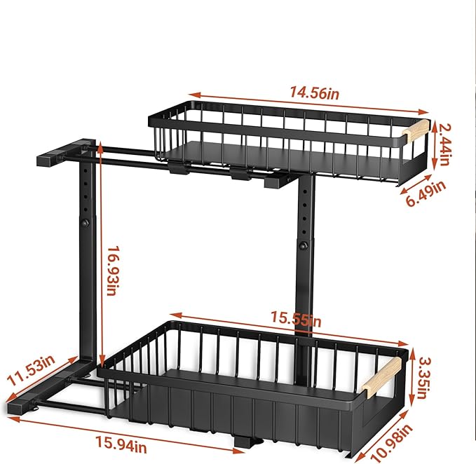 GUUKAR Under Sink Organizer 2-Pack Pull out Cabinet Organizer 2 Tier Metal Shelf Undersink Rack for Kitchen Bathroom Pantry Cabinet Organization and Storage, Black