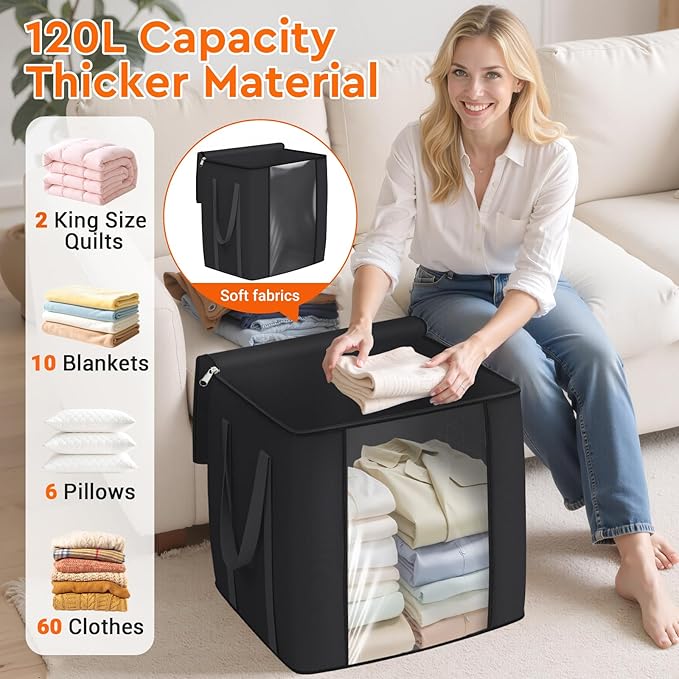 120L Extra Large Clothes Storage Bags, Foldable Blanket Storage and Organization, Thick Fabric Containers with Reinforced Handles & Zippers for Clothing, Comforters, Bedding, Black, 4 Pack