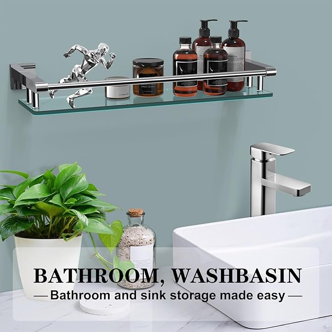 SFGSOWOR Glass Shelves for Bathroom, 20IN Rectangular Chrome Stainless Steel Tempered Glass Shelf Wall Mount Shelf Sink Over Toilet Modern Bathroom (Chrome Polished, 20‘’)
