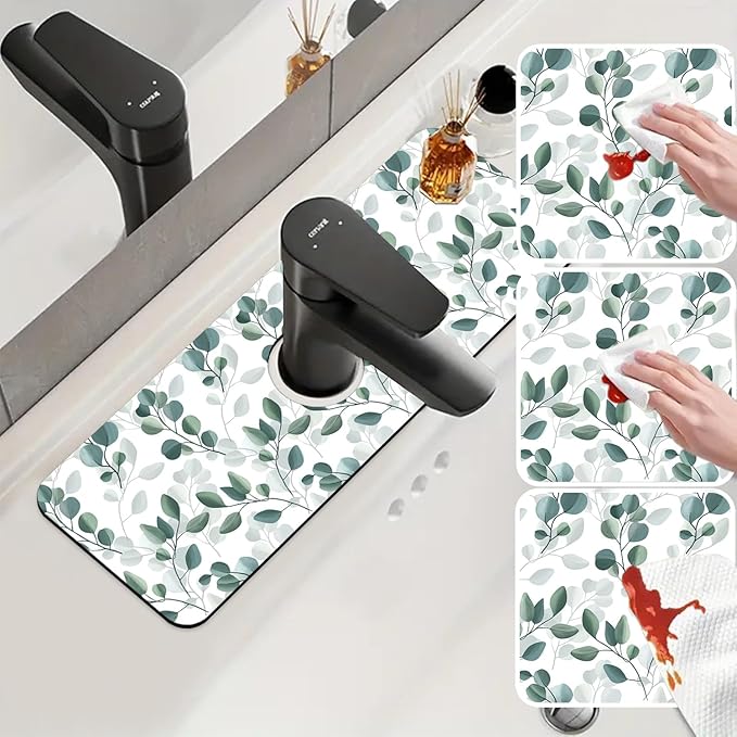 Sink Faucet Absorbing Mat Green Eucalyptus Leaf Sink Splash Guard Drying Mat for Kitchen Bathroom Faucet Sinkmat 15.5"X5.5"