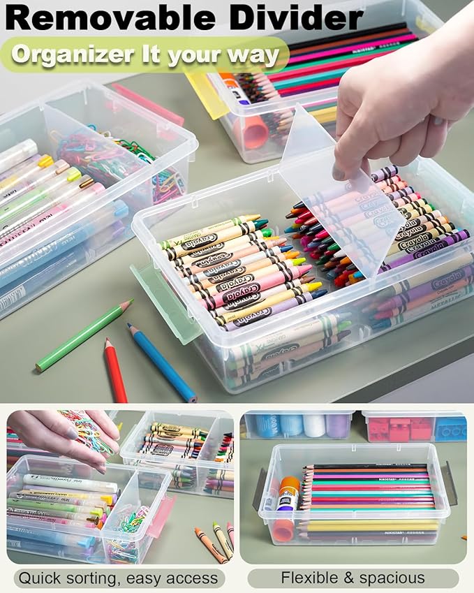 6 Pack Extra Large Pencil Box with Removable Divider, Thickened Pencil Case Bulk, Clear Crayon Marker Organizer Stackable Plastic Small Storage Containers for Pen Craft School Supplies (Multi)