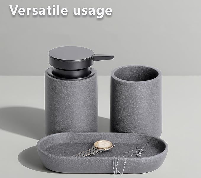 3 Pcs Bathroom Accessories Set, Liquid Soap Dispenser with Large Pump, Toothbrush Holder Cup and Soap Dish, Sandstone Texture Bathroom Counter Set for Modern Home (Gray)