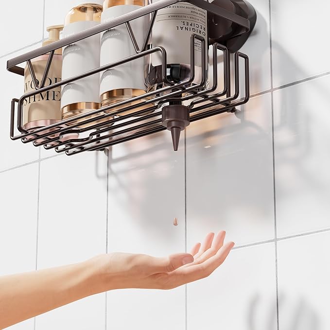 KEGII Suction Cup Shower Caddy – 3 Pack Suction Cup Shelf with Soap Holder & Hooks, Rustproof Stainless Steel Shower Organizer, Removable No Drilling Bathroom Storage Rack, Bronze