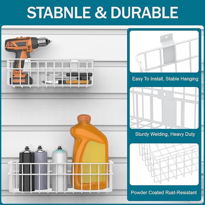 4 Pack Large Slatwall Baskets Set, Ventilated Metal Hanging Storage Slat Wall Basket, Mounted Slatwall Accessories for Garage Storage Organizing Display on Slatwall Panels bins (White)