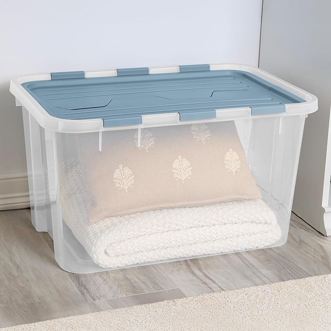 Sterilite 6 Pack Hinged Lid Storage Box, 60 Qt Plastic Container, Washed Blue - Home Organizer Tote for Storing Shoes, Crafts, Clothing, or Decor