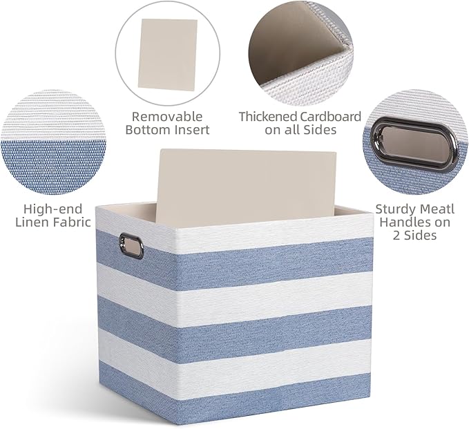 13x15x13 Storage Cube Bins, Foldable Storage Cubes, Fabric Organizer Basket Bin, Striped Containers Decorative Storage Boxes for Shelves Wardrobe Closet Home Office, 4 Pack, Blue/White