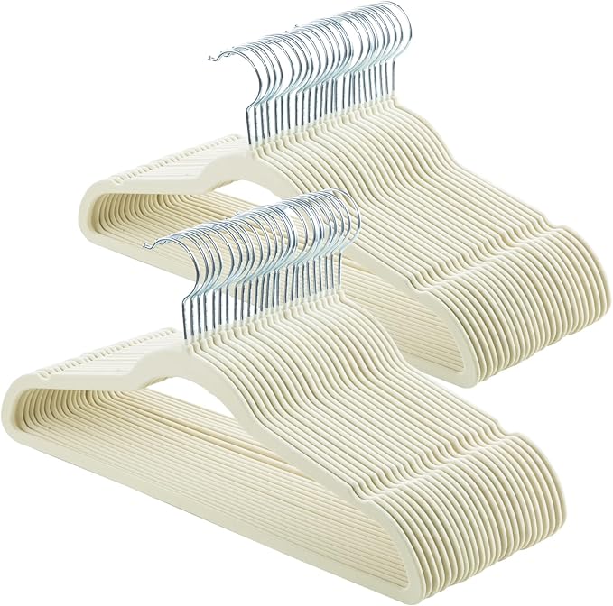 ELONG HOME Velvet & Slim Felt Hangers 50 Pack, Beige 360 Swivel Hook Non-Slip Adult Hangers for Coats, Pants & Dress Clothes