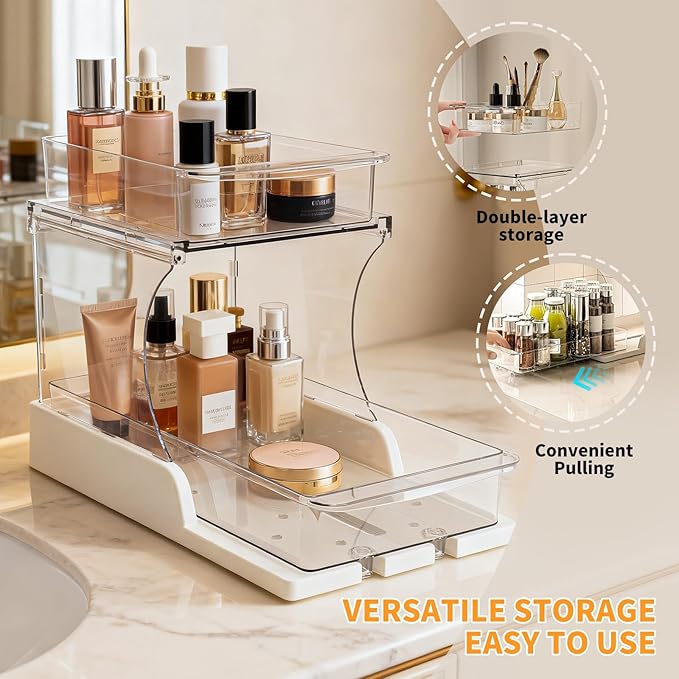 Pull Out 2 Tier Under Sink Organizer Clear Cabinet Organizer for Kitchen Bathroom Storage Rotating Pantry Rack for Spice Organization and Makeup Organizer for Drawer Durable Design 2 Pack