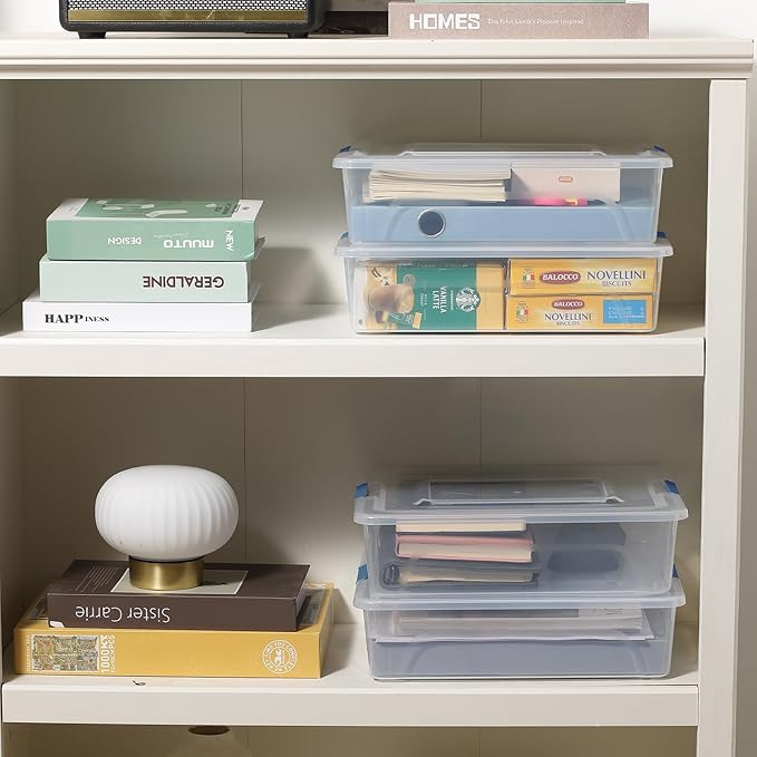 novelinks Clear Stackable Storage Bins with lid Storage Boxes Durable Plastic Organizer Containers for Home Office, Kitchen, Craft Supplies (10 Quart 4 Pack Blue)