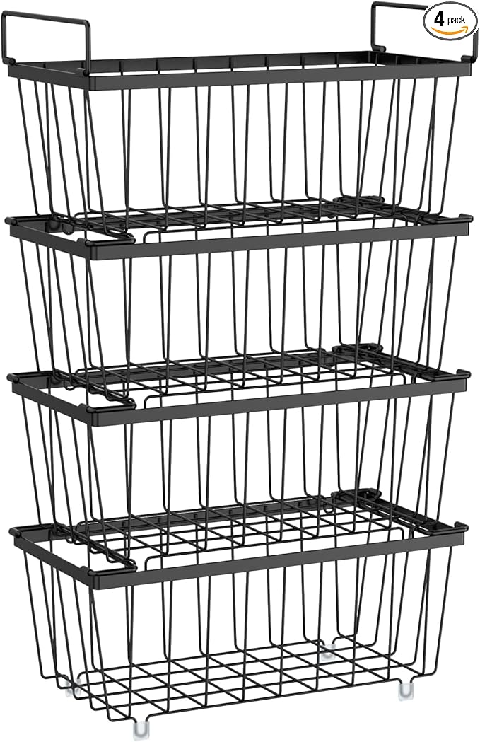 iSPECLE Freezer Organizer Bins - Fits 7 Cu.Ft Chest Freezer, 4 Pack Stackable Wire Baskets(14.7" Length), Heavy Duty Coated Deep Freezer Organizer, Rust Resistant for Frozen Food Sorting, Black