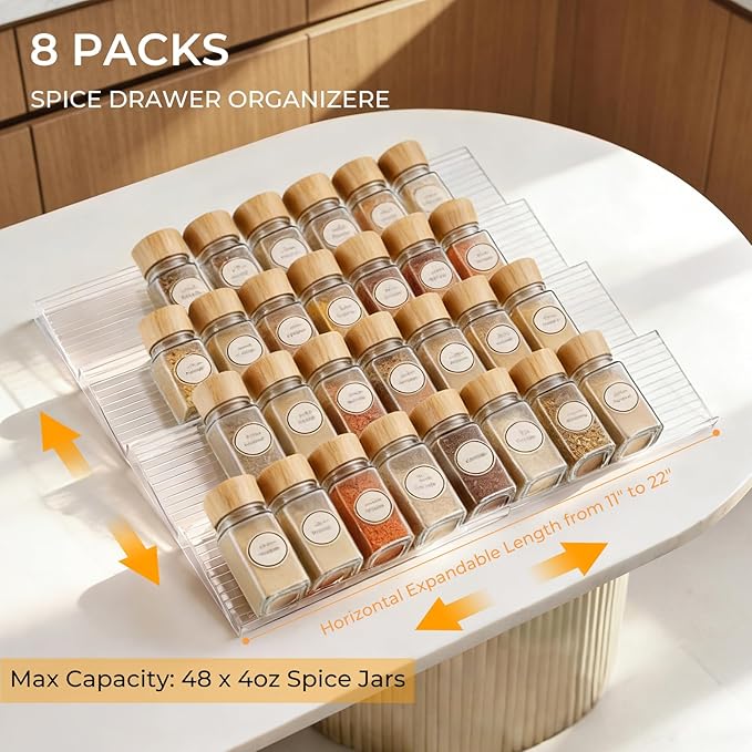 Acrylic Spice Drawer Organizer 4 Tier(8 Packs),Expandable from 11" to 22" Seasoning Organizer Tray for Kitchen - Clear Tiered Spice Rack for Drawer, No Assembly Required(Jars Not Included)