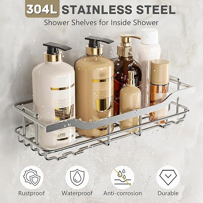 OMAIRA 3-Pack Shower Caddy with Soap Holder, Adhesive Rustproof No-drill Strudy Loading Inside Shower Organizer Shelves Rack Storage Bathroom Organization for Smooth Wall Glass Tile, Silver (X-Large)