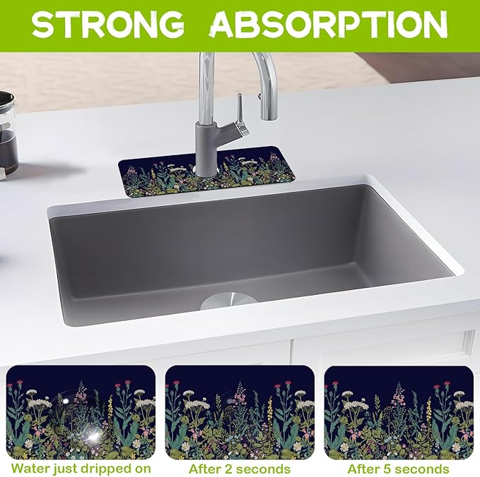 Kitchen Sink Splash Guard Faucet Mat Super Absorbent Fast Drying Mat Guard Behind Faucet Drip Catcher for Kitchen Bathroom (Colorful Herbs and Wild Flowers, 23.5"X5.5")