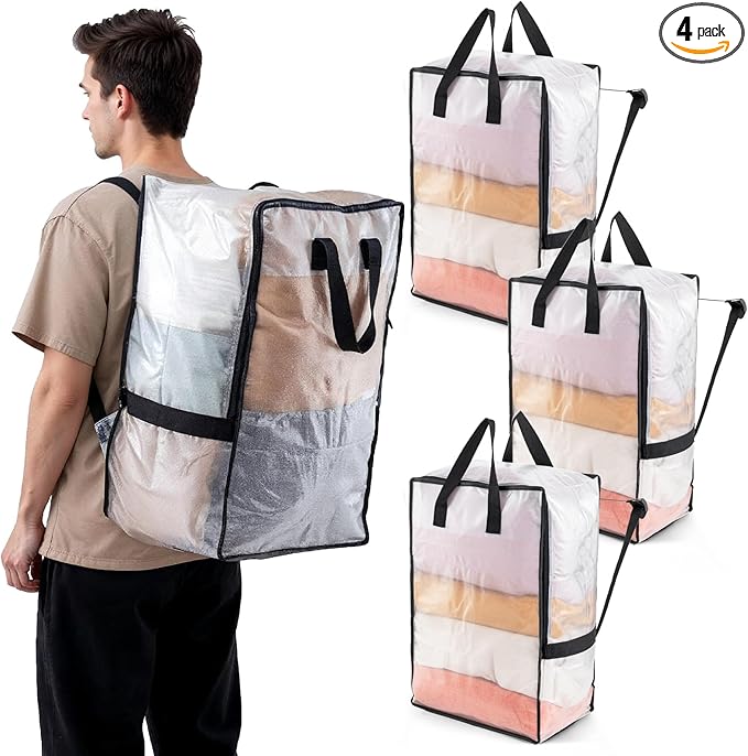 TAILI 4 Pack Clear Moving Bags w/Adjustable Backpack Straps, Moving Supplies, Moving Boxes Alternative, Heavy Duty Storage Totes for College Packing, Camping Backpack for Travel, Dorm, Laundry