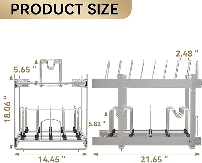 2-Tier Kitchen Pull out Cabinet Organizer for Pots, Pans, and Lid Cookware, Adjustable Heavy Duty Wire Pan and Pot Rack, Full-Extension Rail 15" W *22" D