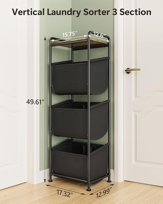 Moforoco Vertical Laundry Sorter 3 Section with Shelf, Laundry Hamper with Removable Bag, 120 L Laundry Baskets organizer for Bathroom, Apartment, Dorm Room, Black